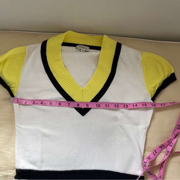 Vtg Louis Feraud White Knit Yellow Accented V Neck Cinch Waist S - Picture 5 of 6